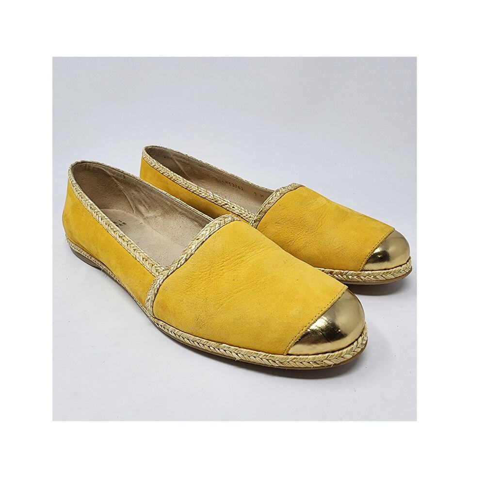 Stuart Weitzman Tipadrille Flats Women 9M Espadrilles Yellow Nubuck Gold Toe